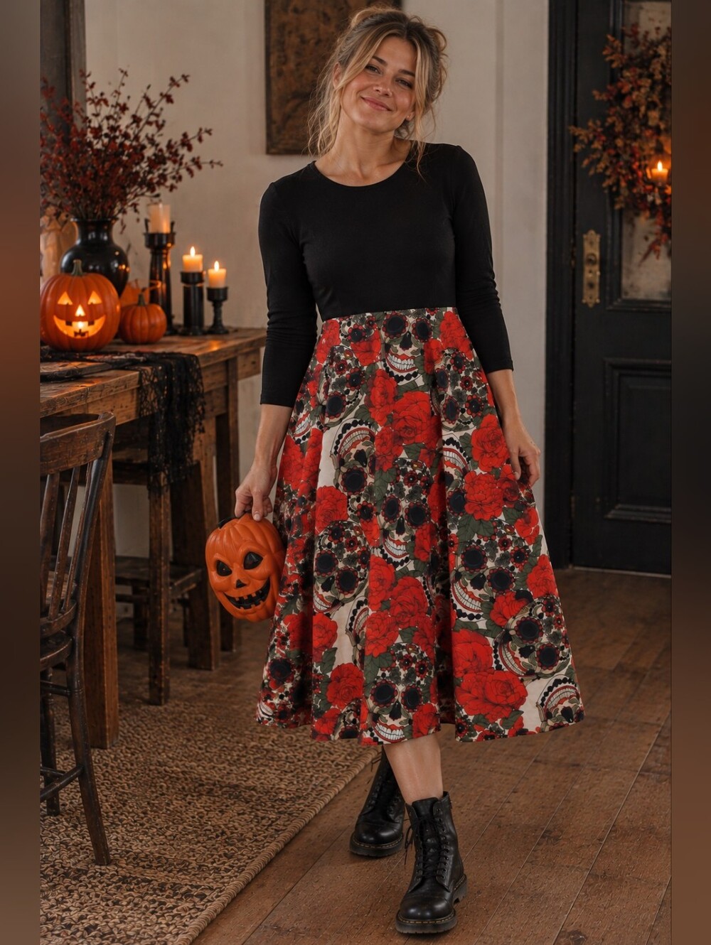 Sugar Skull & Red Rose Long Sleeve Fit & Flare Dress – Size Medium